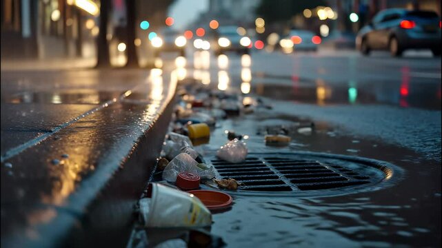 Rainwater and plastic waste floating toward a storm drain. Blurred headlights of cars in the background. Problem of urban pollution.