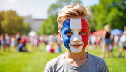 Joyful boy with French flag face paint celebrating in park, national pride