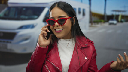 Woman talking on phone wearing red jacket outdoors urban setting