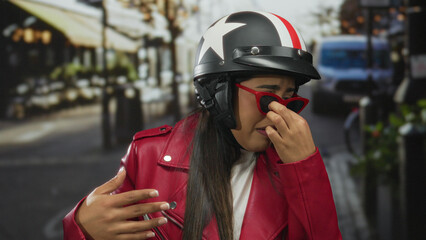 Woman holds hands and shows grimace outdoors as young latin hispanic rider grips helmet on...