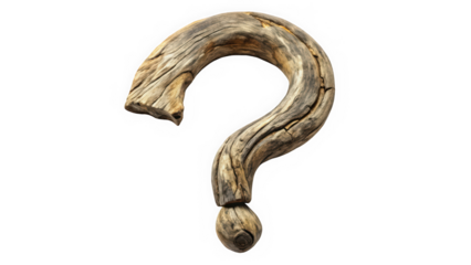 An intricately designed question mark made of weathered wood, exuding a rustic charm. Perfect for conveying curiosity and inquiry in creative projects.