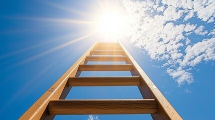 Escape exit minimalist. A wooden ladder ascends towards a bright sun in a partly cloudy blue sky, symbolizing aspiration and growth.