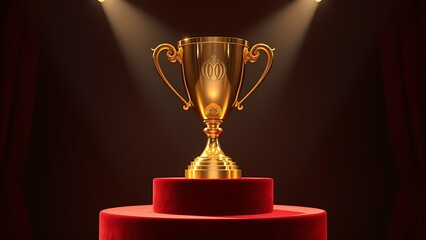 A gleaming gold trophy sits on a velvet stand, radiating achievement and prestige.