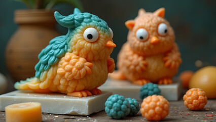 Colorful handcrafted bird and owl figures, perfect for charming crafts and whimsical animal-themed design elements and decorative displays