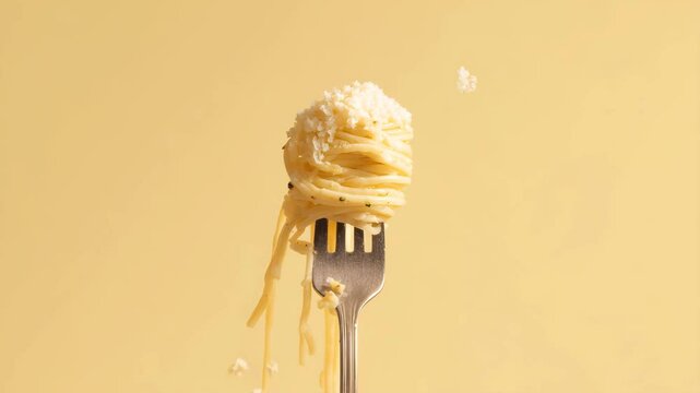 close up of pasta on fork with cheese, tomatoes sauce, oil