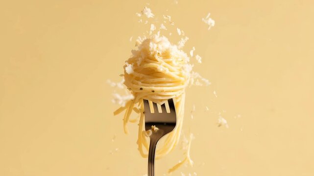 close up of pasta on fork with cheese, tomatoes sauce, oil