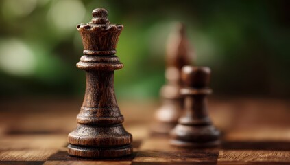 Dark wooden chess queen in focus, other pieces blurred, on a dark wood board against a green backdrop