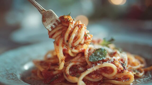 close up of pasta on fork with cheese, tomatoes sauce, oil