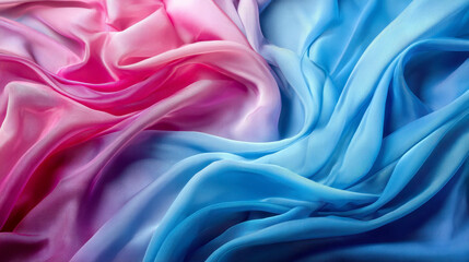 Obraz premium A stunning display of light, airy fabrics in soft pink and blue hues, elegantly draped to create a delicate texture and soothing visual appeal, perfect for design inspiration.