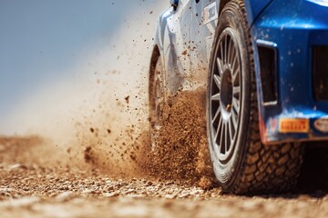 Close-up of rally car tire kicking up dirt on a rural track during a time trial