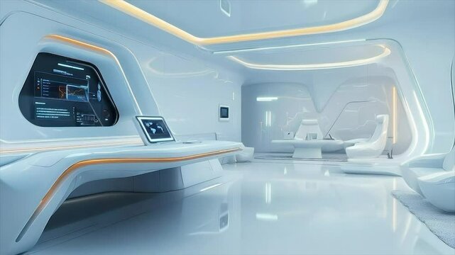 Futuristic white interior with sleek, curved furniture, glowing accents, and advanced technology displays