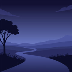 Illustration Design of Night Scene with Curved Road and One Tree Beside It