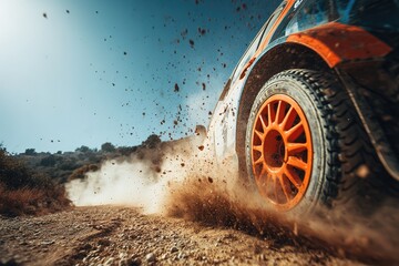 Close-up of rally car tire kicking up dirt on a rural track during a time trial 