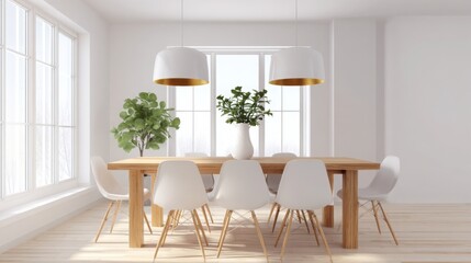 Fototapeta premium bright minimalist dining room, wooden dining table, white chairs, pendant lights, green plant centerpiece