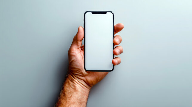 A close-up image showcasing a hand gripping a smartphone against a soft gray background, highlighting the simplicity and elegance of modern technology.