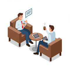 Isometric Happy Employee Coffee Break in Office Lounge, Isolated on White. 8k.