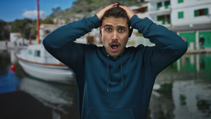 Young man looking shocked at seaside port with boats and buildings in background, wearing a blue hoodie and showing expressions of concern and surprise outdoors.