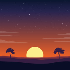 Illustration of a Sunset in the Evening and a Sky Filled with Stars