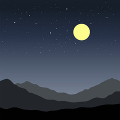 Flat Design of Mountains and Moon Scene Filled with Stars