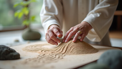 Mindful creation of miniature zen garden provides peace and relaxation through sand and stones therapy