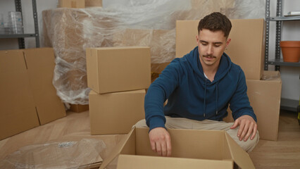 Young man unpacking box in new apartment surrounded by moving boxes and plastic covered furniture...