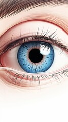 Natural human blue eye with black pupil and even eyebrow on white background. Concept of providing services on human health