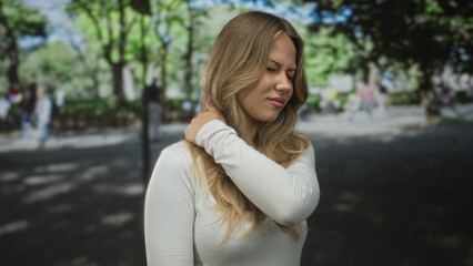 Obraz premium Woman holding neck with closed eyes in green park shaded by tall trees under sunlight; pain discomfort tension.