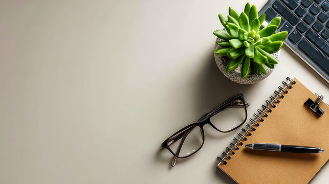 Embrace simplicity with this minimalist workspace scene featuring a succulent, notebook, glasses, and pen, designed to inspire productivity and creativity in your daily life.