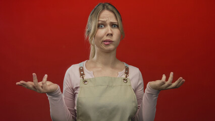 Woman shrugs both hands with raised palms and puzzled expression in professional photo studio;...