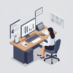 Isometric Sales Pipeline Management: Focused Salesgirl in Office, Isolated on White.