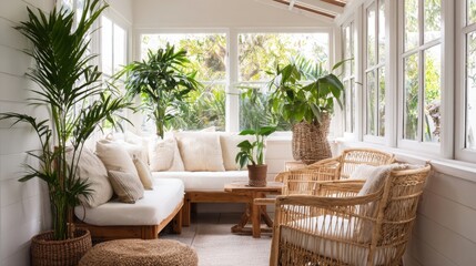 cozy indoor veranda with green plants, rattan furniture, white walls, large windows, soft pillows, warm natural light, quiet retreat, bright 