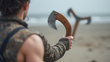 A warrior preparing for battle on a sandy beach with custom made throwing axes is awesome