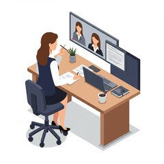 Isometric Salesgirl Video Call: Office, Client, Isolated Illustration in High Detail.