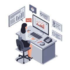 Isometric Salesgirl Tracking Office Metrics: High-Detail Illustration on White.