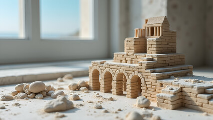Miniature ancient temple crafted from sand bricks and stones, a testament to architectural marvels miniature