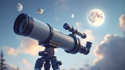 Telescope pointing towards the moon and other planets on a clear night full of stars