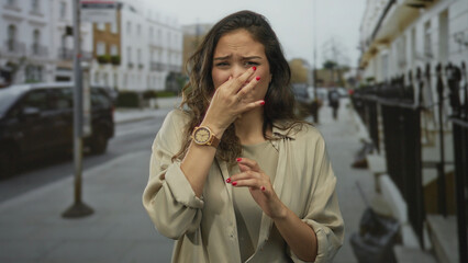 Woman cringing with disgust stands on a busy urban street depicted in a candid moment outdoors,...