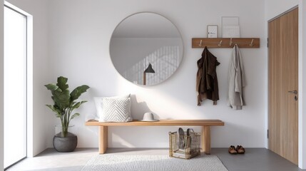 minimalist entryway interior, white walls, wooden bench, coat hooks, large round mirror, neutral tones, tidy and welcoming space, soft lighting
