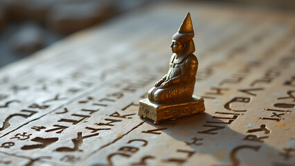 Ancient Egyptian statuette on weathered stone surface with hieroglyphs evokes a sense of history and mystery