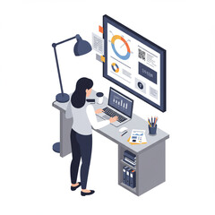Isometric Woman Creating Presentation at Modern Office, Isolated. High Detail.