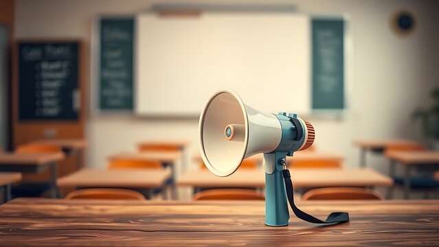 A megaphone sits on a wooden surface, with a softly blurred classroom in the background.