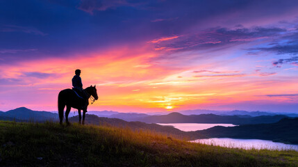 Fototapeta premium A lone figure on horseback gazes into a breathtaking sunset over rolling hills and a tranquil lake, capturing the essence of nature's beauty and peaceful reflection.