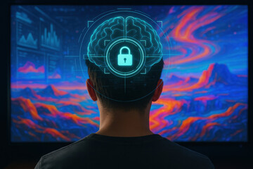 Man Observing A Digital Representation Of A Protected Mind On A Colorful Display