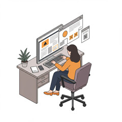 Isometric Woman Designs Website in Office, Isolated on White. High Detail, 4k.