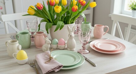 Pastel easter table setting with tulips