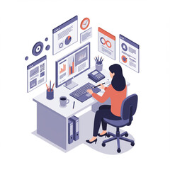 Isometric Woman Manages Marketing Campaign at Office, Isolated. 8k High Detail.