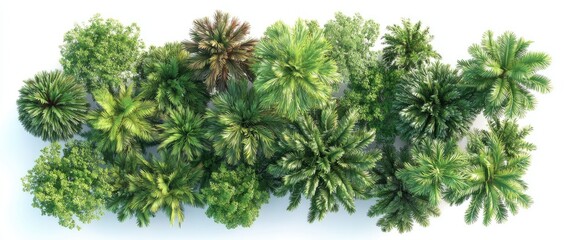 Overhead view of a lush collection of diverse palm and shrubbery, densely packed together