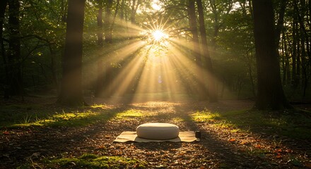Serene Forest Meditation Spot Sunlit Morning with Sunbeams Filtering Through Trees Calm Natural Setting