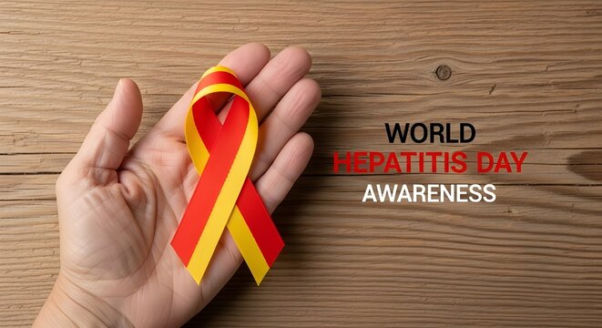 A hand gently holding a yellow and red World Hepatitis Day ribbon,
Prominently displayed against a natural wooden background.
This powerful symbol signifies global health awareness and support