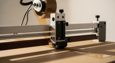 Automated packing machine precisely placing adhesive tape on cardboard box in modern warehouse environment, showcasing efficiency and technology in packaging logistics